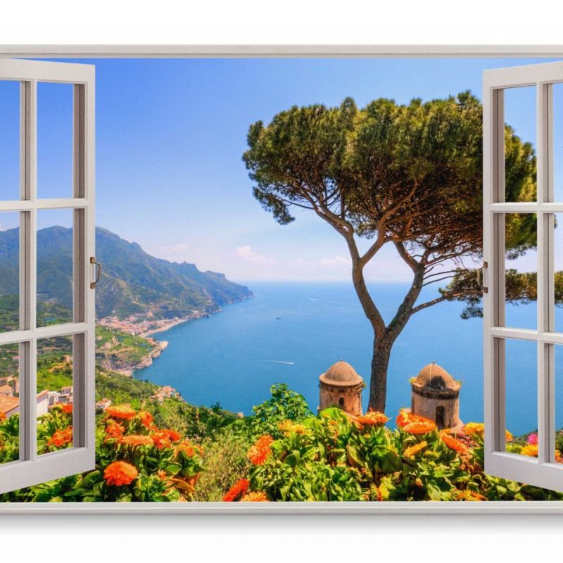 Wandbild 120x80cm Fensterbild Mittelmeer Italien Küste Blau Sonnenschein Baum