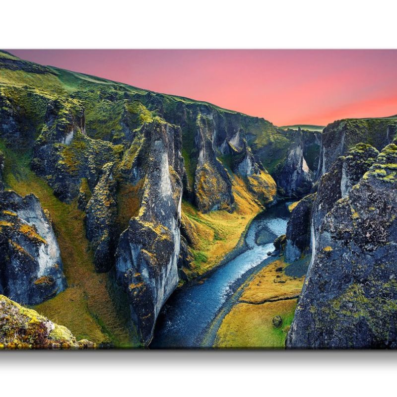 Leinwandbild 120x60cm Island Natur Schlucht Moos Grün Fluss Klippen