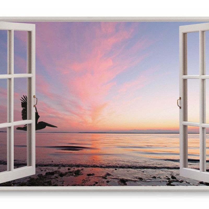 Wandbild 120x80cm Fensterbild Meer Horizont Abenddämmerung Abendrot Rosa