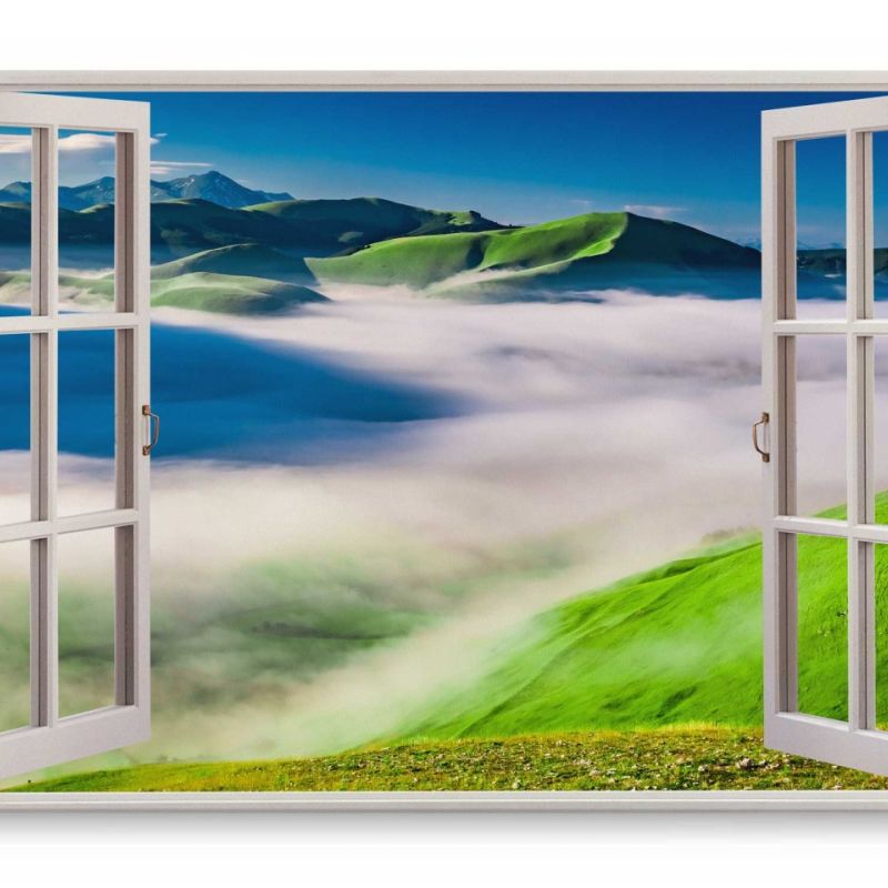 Wandbild 120x80cm Fensterbild Über den Wolken Berge Tal Nebel Grün Natur