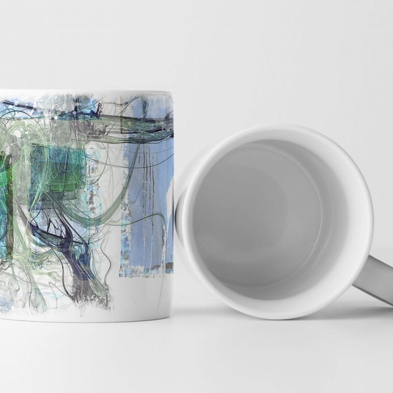 Tasse Geschenk Vierecke in Blau, geometrisch, Fenster, grüne Linien