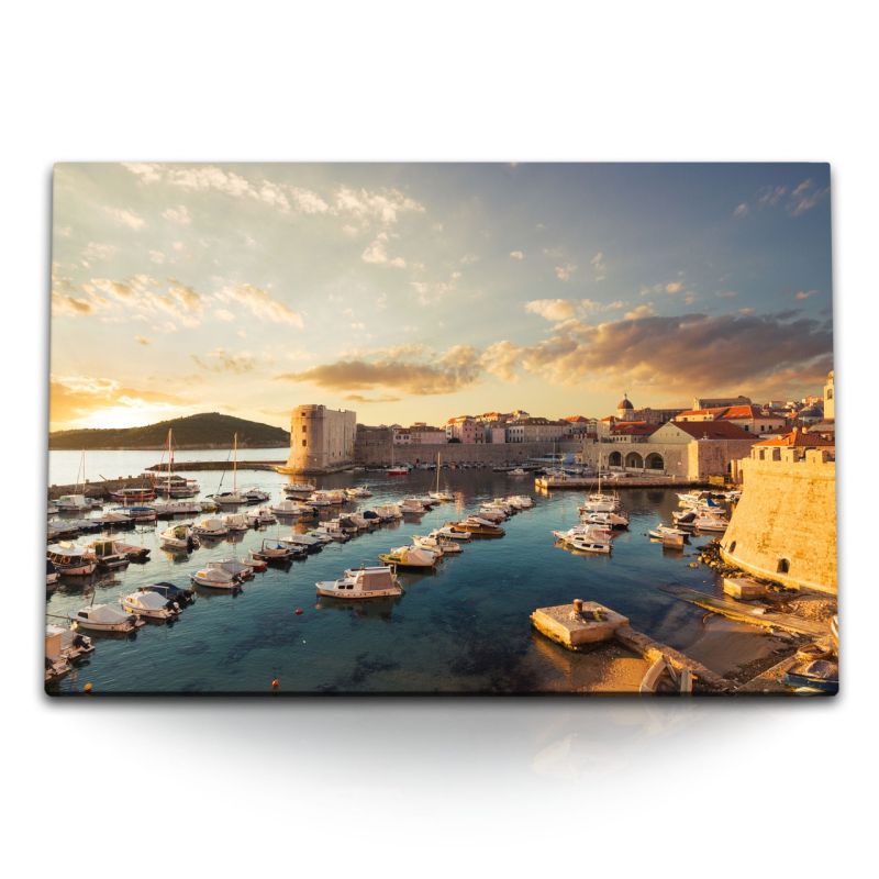 120x80cm Wandbild auf Leinwand Hafen in Kroatien Mittelmeer Sonnenuntergang Festung