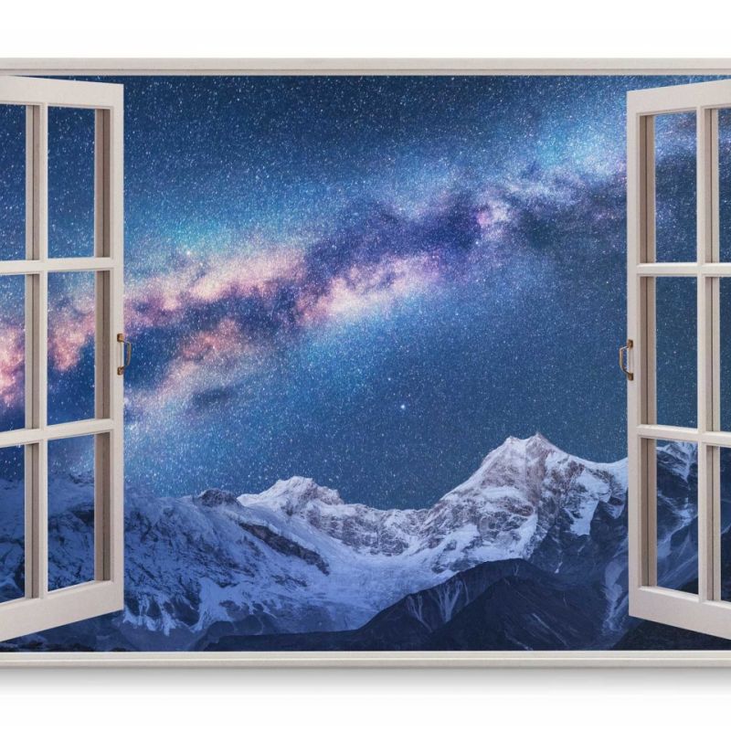 Wandbild 120x80cm Fensterbild Nacht Berge Schneegipfel Galaxie Astrofotografie Sterne