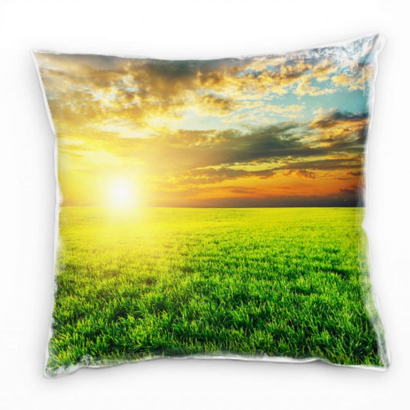 Landschaft, grün, gelb, blau, Sonnenuntergang Deko Kissen 40x40cm für Couch Sofa Lounge Zierkissen