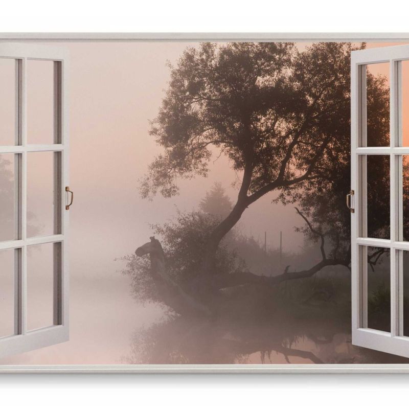 Wandbild 120x80cm Fensterbild See Nebel Morgentau Bäume Natur