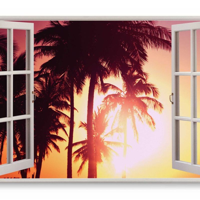 Wandbild 120x80cm Fensterbild Sonnenuntergang Palmen Süden Karibik Sommer