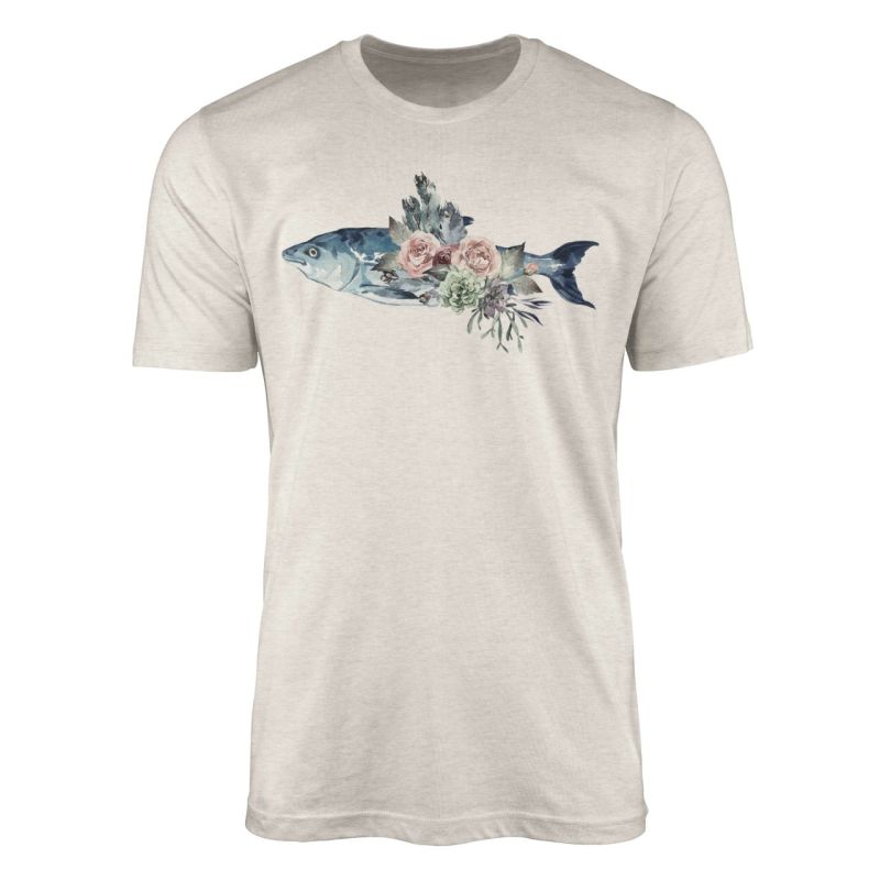 Herren Shirt 100% gekämmte Bio-Baumwolle T-Shirt  Fisch Blumen Wasserfarben Motiv Nachhaltig Ökomode