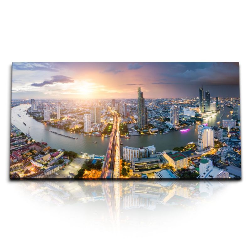 Kunstdruck Bilder 120x60cm Thailand Bangkok Sonnenuntergang Abendrot Großstadt