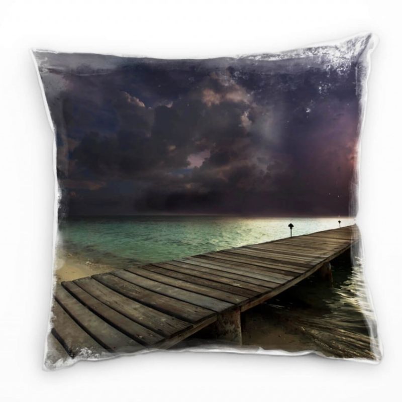 Strand und Meer, grau, türkis, Unwetter, Blitz, Steg Deko Kissen 40x40cm für Couch Sofa Lounge Zierk