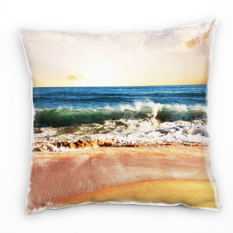 Strand und Meer, gelb, blau, Wellen, Sonnenuntergang Deko Kissen 40x40cm für Couch Sofa Lounge Zierk