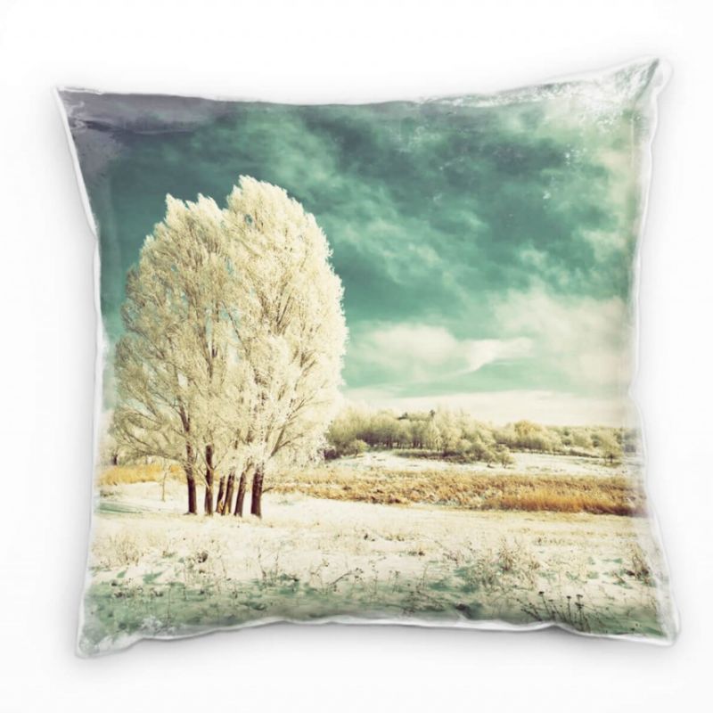 Winter, Vintage, weiß, türkis, schneebedeckte Laubbäume Deko Kissen 40x40cm für Couch Sofa Lounge Zi