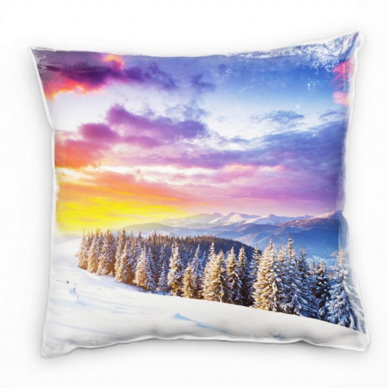 Winter, weiß, blau, gelb, Schnee, Nadelbäume, Sonne  Deko Kissen 40x40cm für Couch Sofa Lounge Zierk