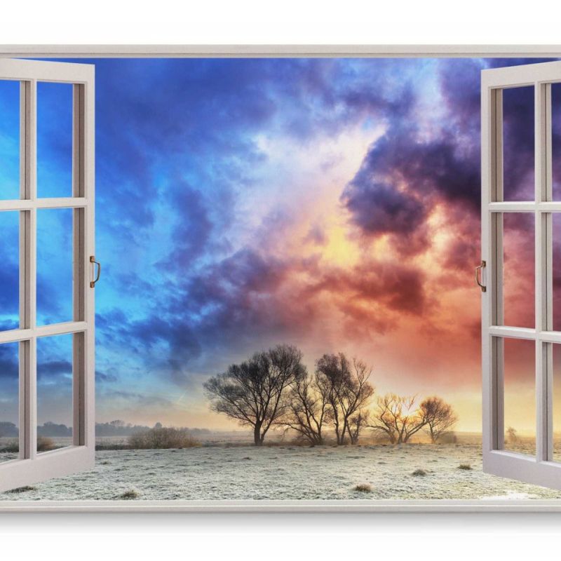 Wandbild 120x80cm Fensterbild Winterlandschaft Bäume Natur Morgenfrost Sonnenaufgang