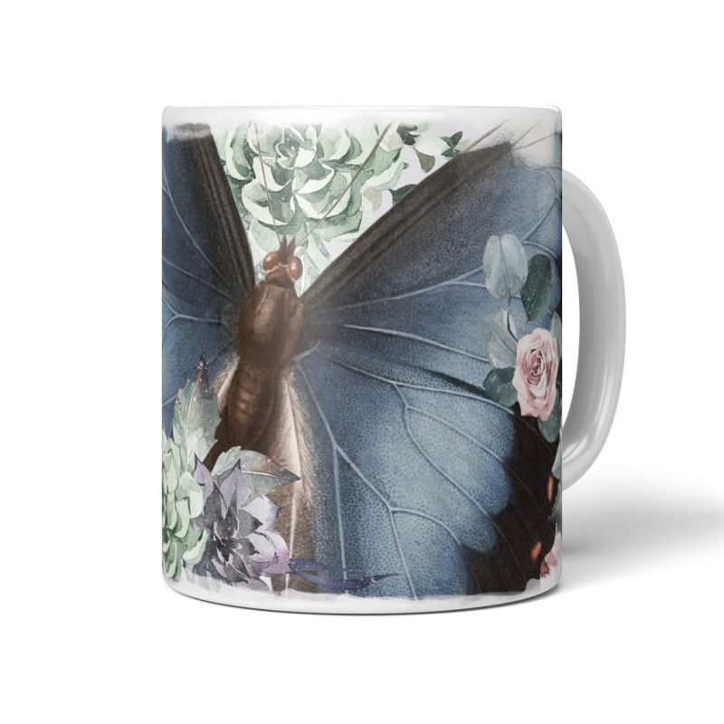 Dekorative Tasse mit schönem Motiv Vintage Blumen Blüten Schmetterling Wasserfarben Pastelltöne