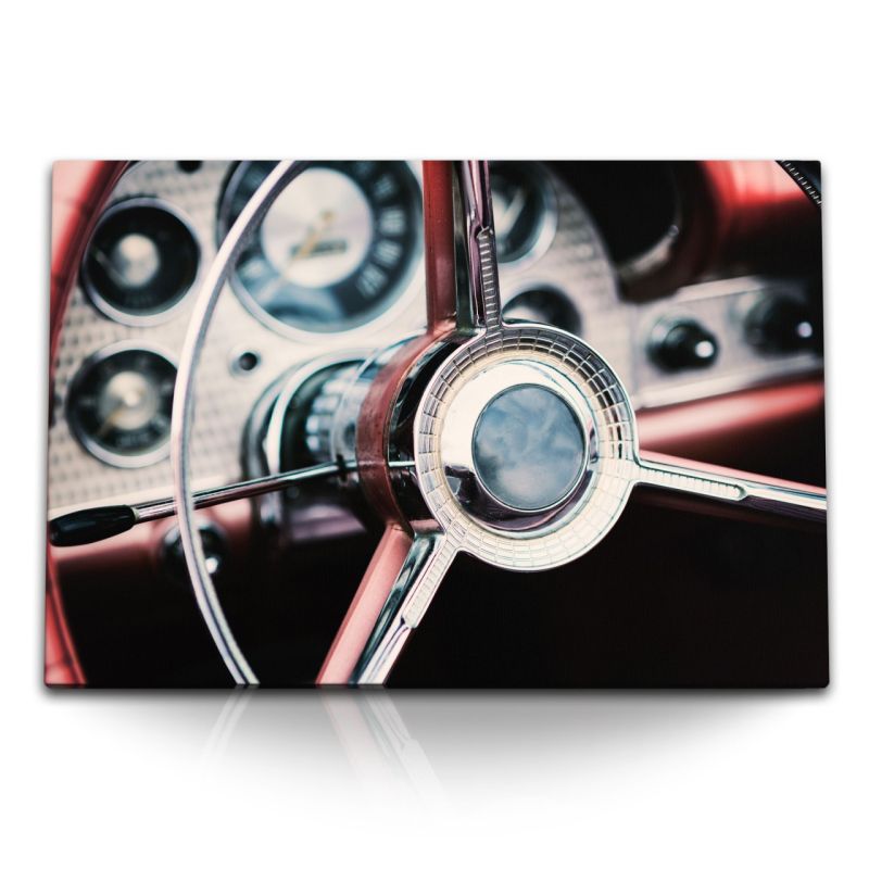 120x80cm Wandbild auf Leinwand Autolenker Oldtimer Auto Tacho Rot