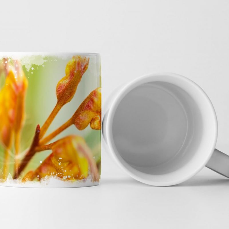 Tasse Geschenk Naturfotografie – Gelbe Blüten vor grünem Grund