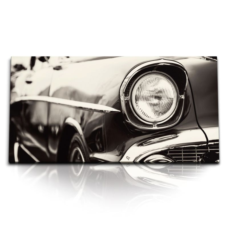 Kunstdruck Bilder 120x60cm Oldtimer Auto Scheinwerfer Kuba Grau Traumauto