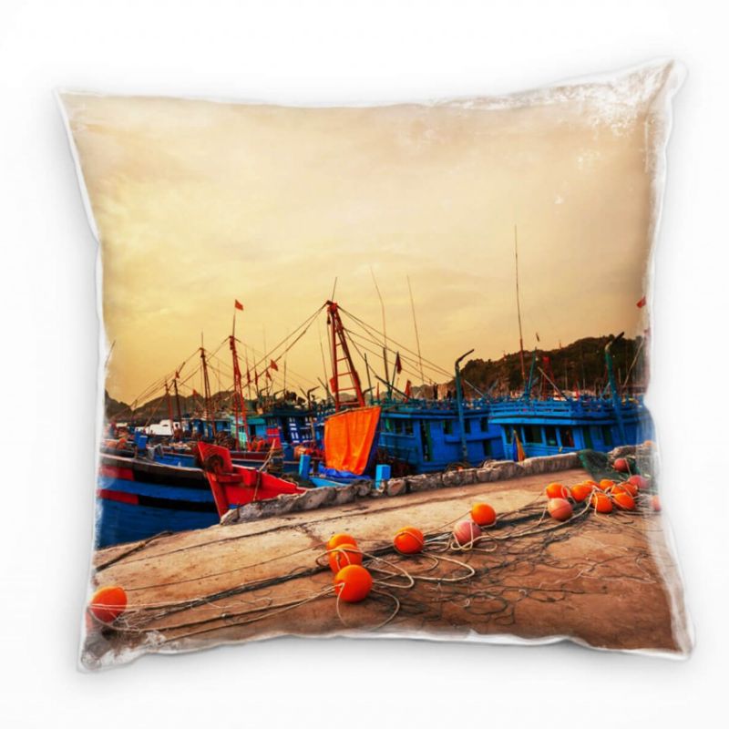 Meer, orange, braun, blau, Fischerboot, Hafen, Vietnam Deko Kissen 40x40cm für Couch Sofa Lounge Zie