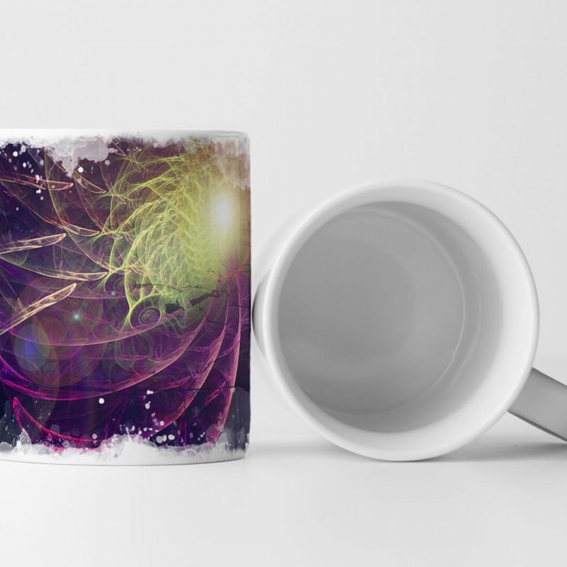 Tasse Geschenk Lichtkegel und hellgelbes Muster + magentafarbene Linien