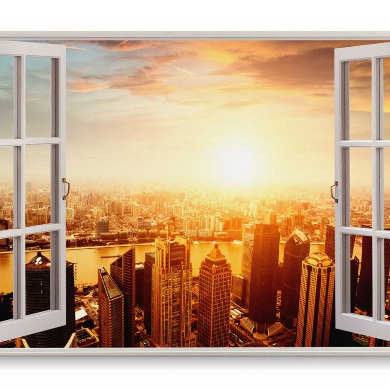 Wandbild 120x80cm Fensterbild Shanghai Großstadt Megacity Skyline Sonnenuntergang