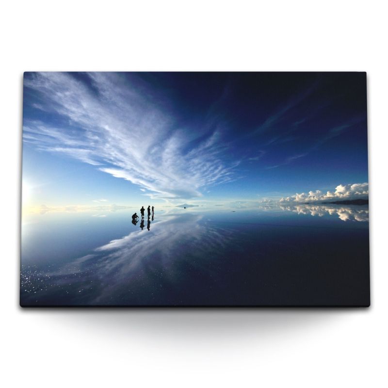 120x80cm Wandbild auf Leinwand Ebbe Meer Blau weiße Wolken Horizont Wasserspieglung