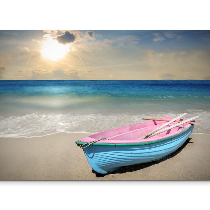 120x80cm Wandbild Strand Meer Holzboot Sonnenuntergang