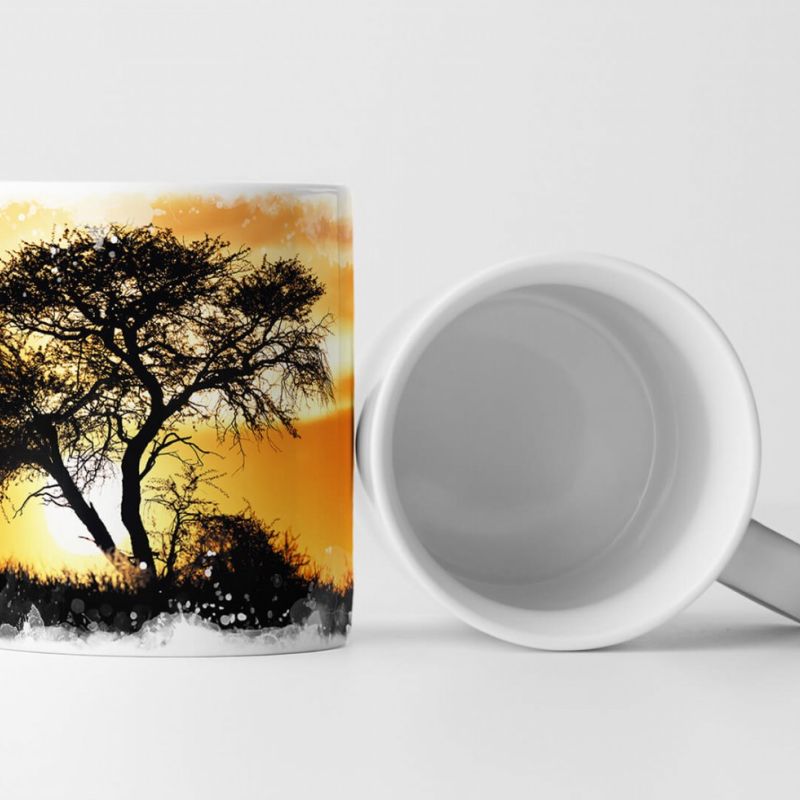 Tasse Geschenk Landschaftsfotografie – Sonne hinter einsamen Akazienbaum Südafrika