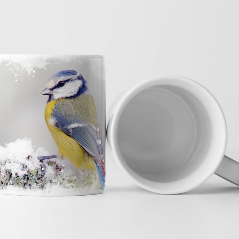 Tasse Geschenk Vogel im Winter auf Ast mit Schnee