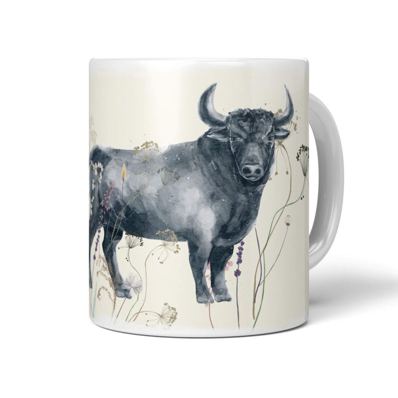 Tasse Porzellan Tier Motiv Bulle Stier Kraftvoll Feldblumen Blumen Aquarell