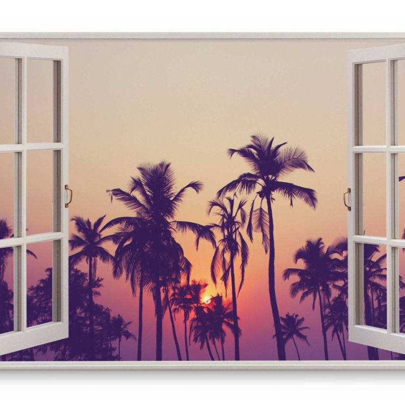 Wandbild 120x80cm Fensterbild Palmen Süden Karibik Sonnenuntergang Sommer