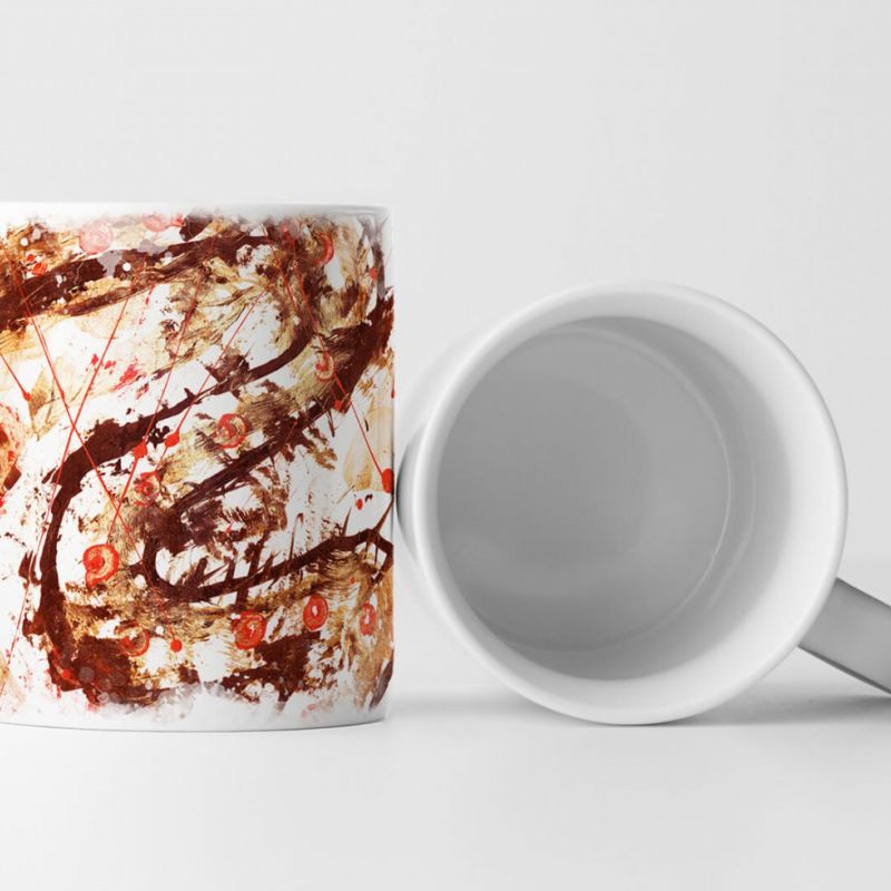 Tasse Geschenk mandelweißer Hintergrund; dunkelbraune Wellenlinien, orange-rote Tupfer