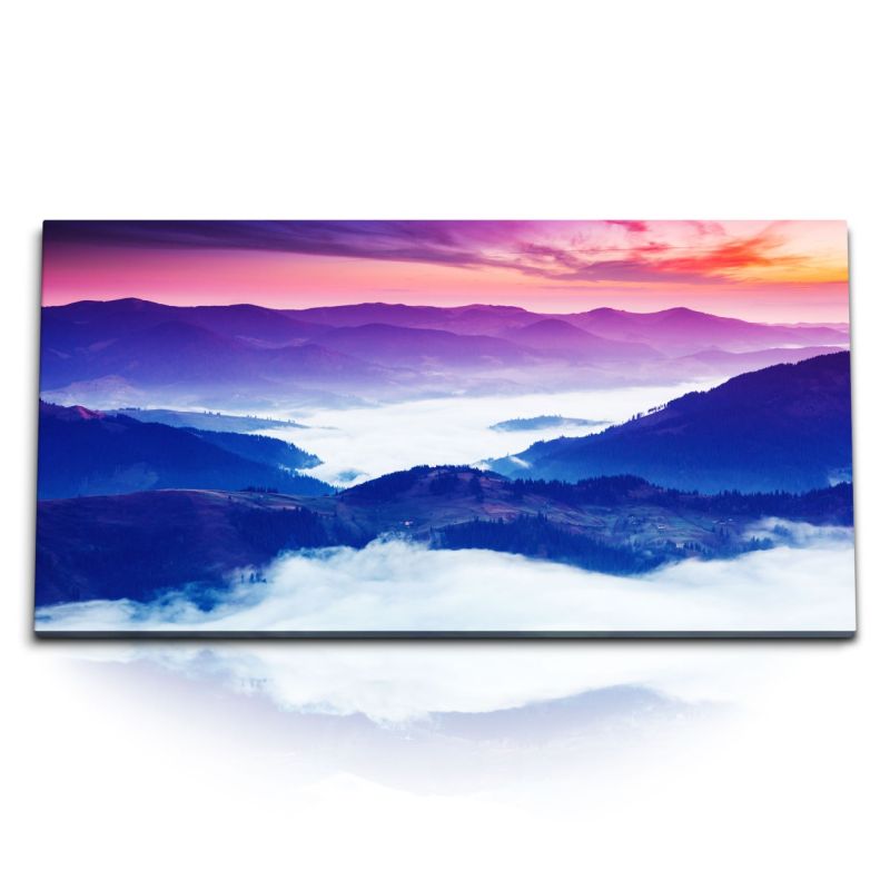 Kunstdruck Bilder 120x60cm Blaue Berge Berglandschaft Sonnenuntergang Nebel