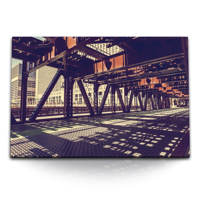 120x80cm Wandbild auf Leinwand USA Chicago Eisenbrücke Urban Stadt Sonnenstrahl