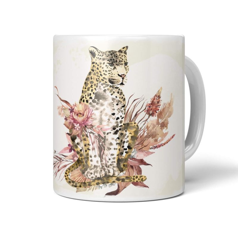 Tasse Porzellan Tier Motiv Jaguar Raubkatze Blumen Kunstvoll Aquarell