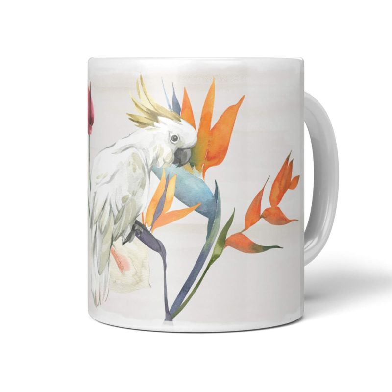 Dekorative Tasse mit schönem Vogel Motiv Kakadus Blumen Blüten Exotisch Kunstvoll Vintage