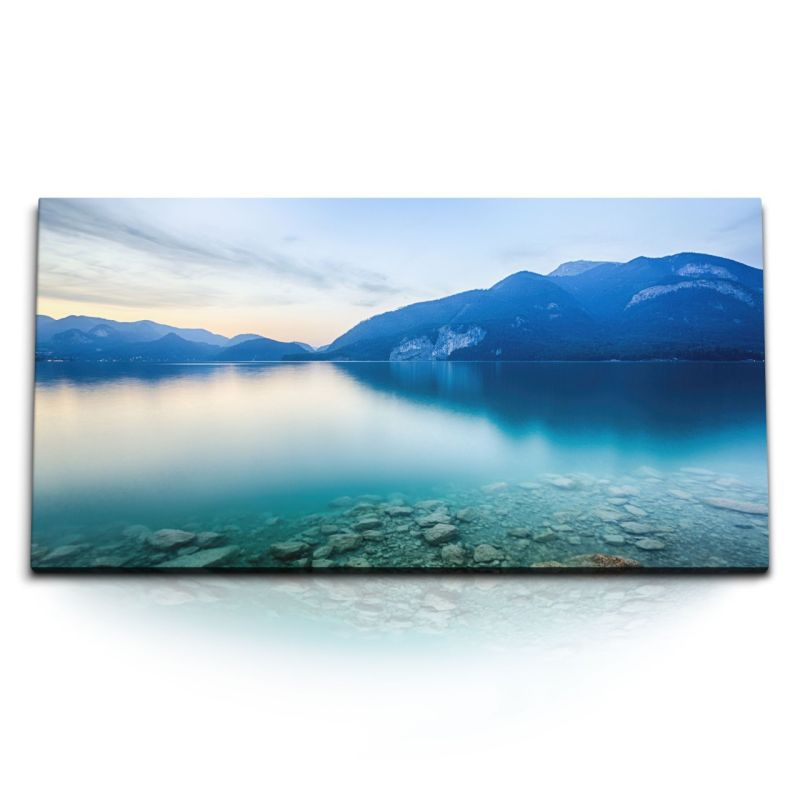 Kunstdruck Bilder 120x60cm See Bergsee Alpensee Berge Alpen Blau Sonnenuntergang