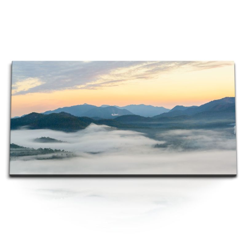 Kunstdruck Bilder 120x60cm Berge Nebel Sonnenuntergang Abendrot Bergkette