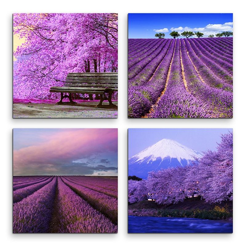 4 teiliges Leinwandbild je 30x30cm  –  Lavendelfeld Fuji Japan Sommer