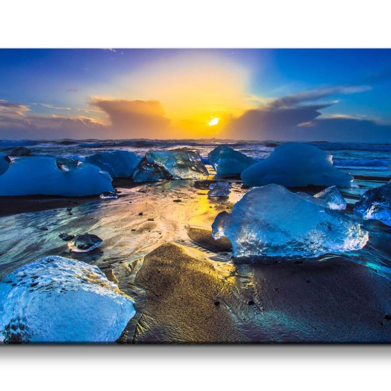 Leinwandbild 120x60cm Meer Eisbrocken Eis Sonnenuntergang Horizont Abend