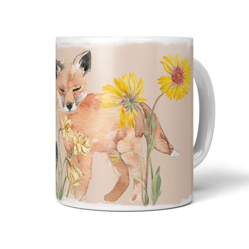 Tasse Porzellan Tier Motiv kleiner Fuchs Blumen Sonnenblume Süß Niedlich