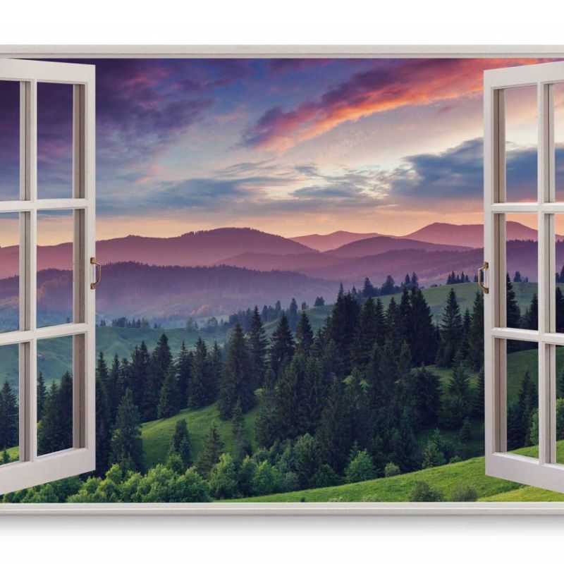 Wandbild 120x80cm Fensterbild Natur Berge Tannen Wald Grün Sonnenuntergang