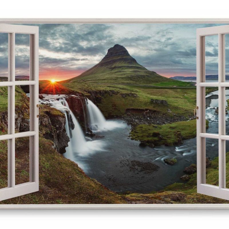 Wandbild 120x80cm Fensterbild Island Sonnenuntergang Wasserfälle Natur Grün