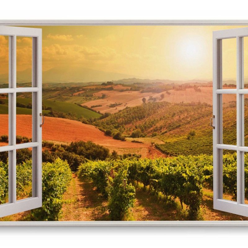 Wandbild 120x80cm Fensterbild Weinberg Weinanbau Landschaft Sonnenuntergang