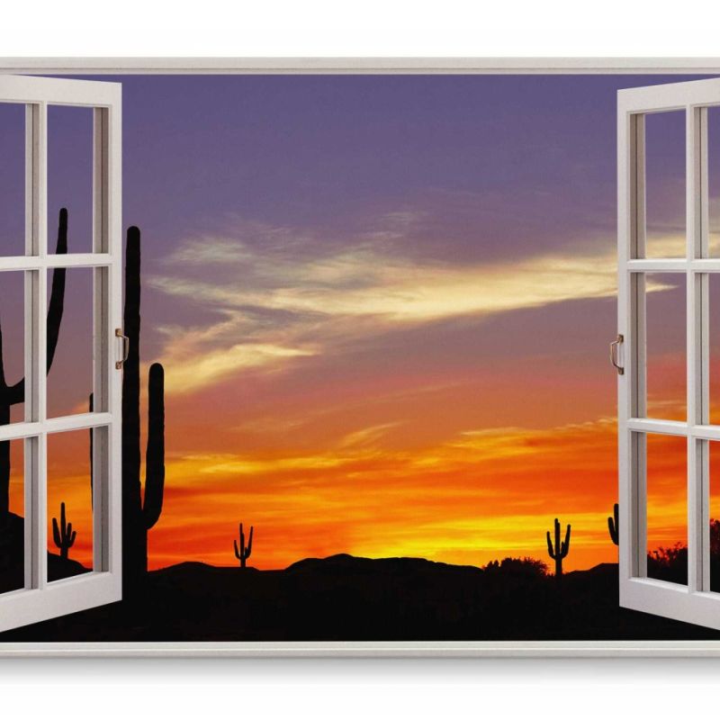 Wandbild 120x80cm Fensterbild Mexikanische Landschaft Kaktus Sonnenuntergang Abendrot