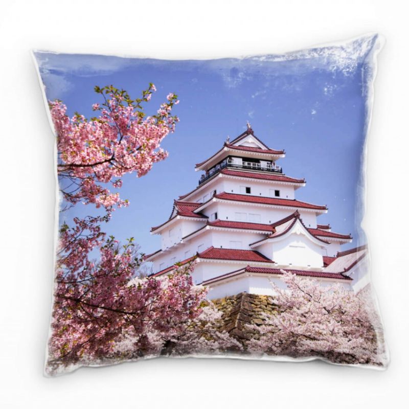 Urban, rosa, blau, Kirschblüten, Japan, Castle Deko Kissen 40x40cm für Couch Sofa Lounge Zierkissen