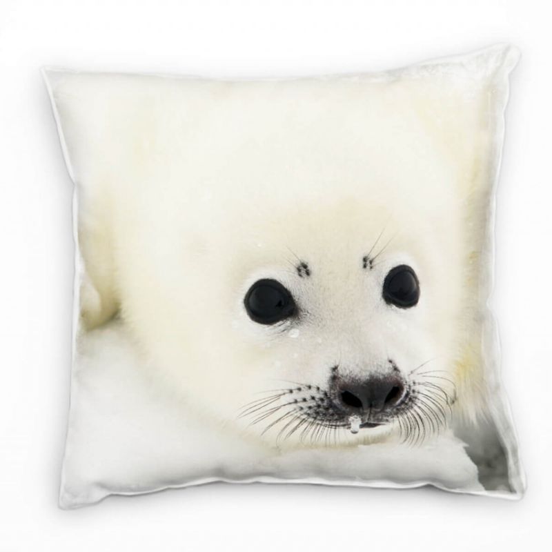 Tiere, Robbe, weiß, Schnee, schwarze Augen Deko Kissen 40x40cm für Couch Sofa Lounge Zierkissen