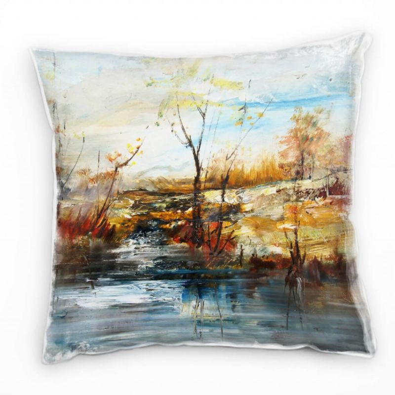 Landschaft, braun, blau, Bäume am Wasser, gemalt Deko Kissen 40x40cm für Couch Sofa Lounge Zierkisse