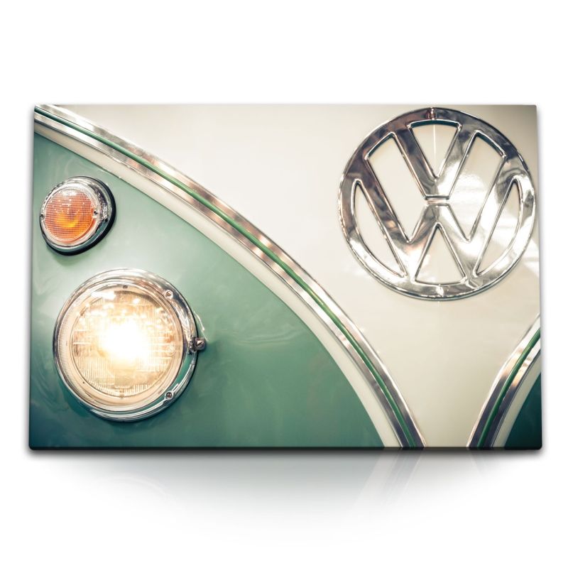 120x80cm Wandbild auf Leinwand VW Bus Vintage Scheinwerfer Kunstvoll Oldtimer