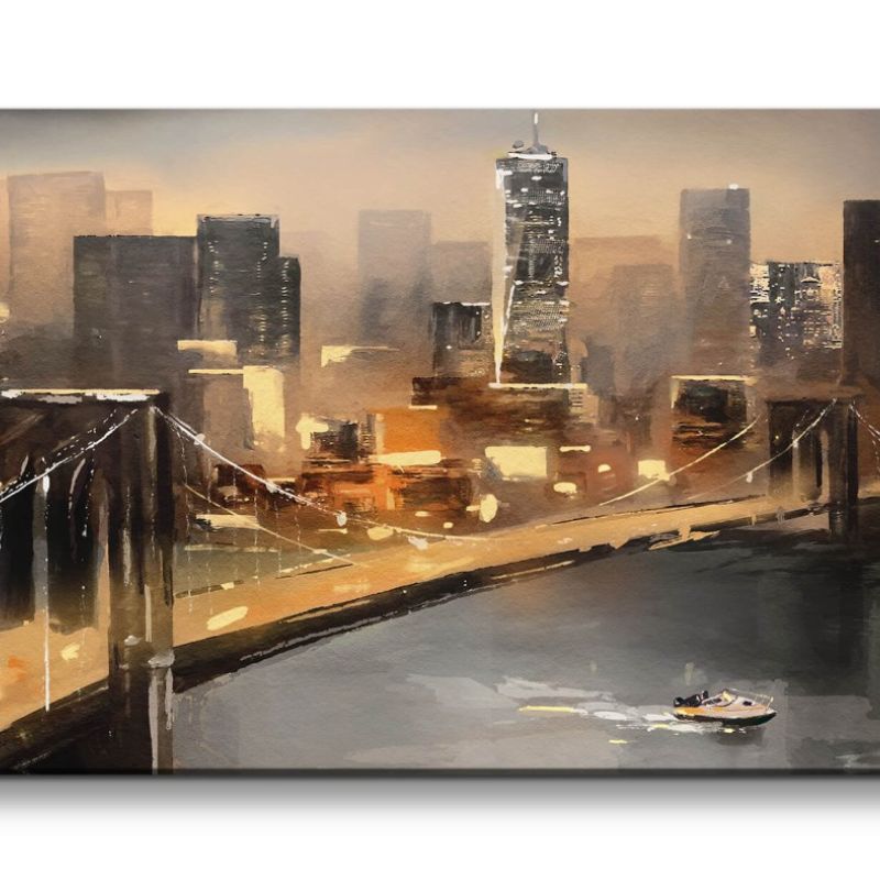 Leinwandbild 120x60cm New York Brooklyn Bridge Kunstvoll Nachtlichter Hochhäuser