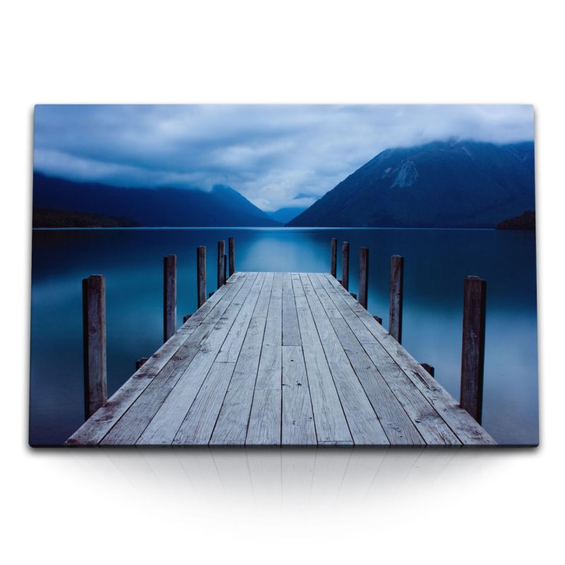 120x80cm Wandbild auf Leinwand Holzsteg Steg Alpensee See Berge Blau